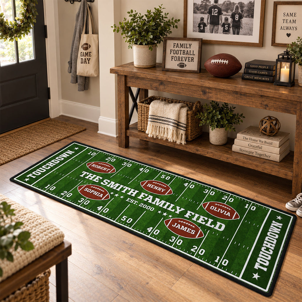 Custom Family Name Rug, Housewarming Birthday Gift For Family Members • Our Team Our Home Field - Personalized Runner Rug