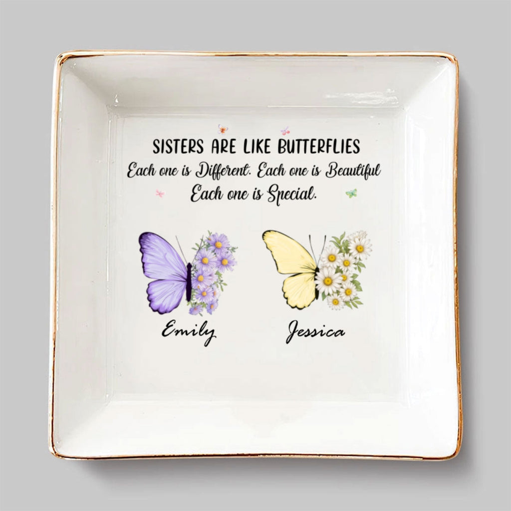 Custom Sister Trinket Dish, Birthday Christmas Gift for Sister • Butterflies Dance Sisters Shine - Personalized Jewelry Dish