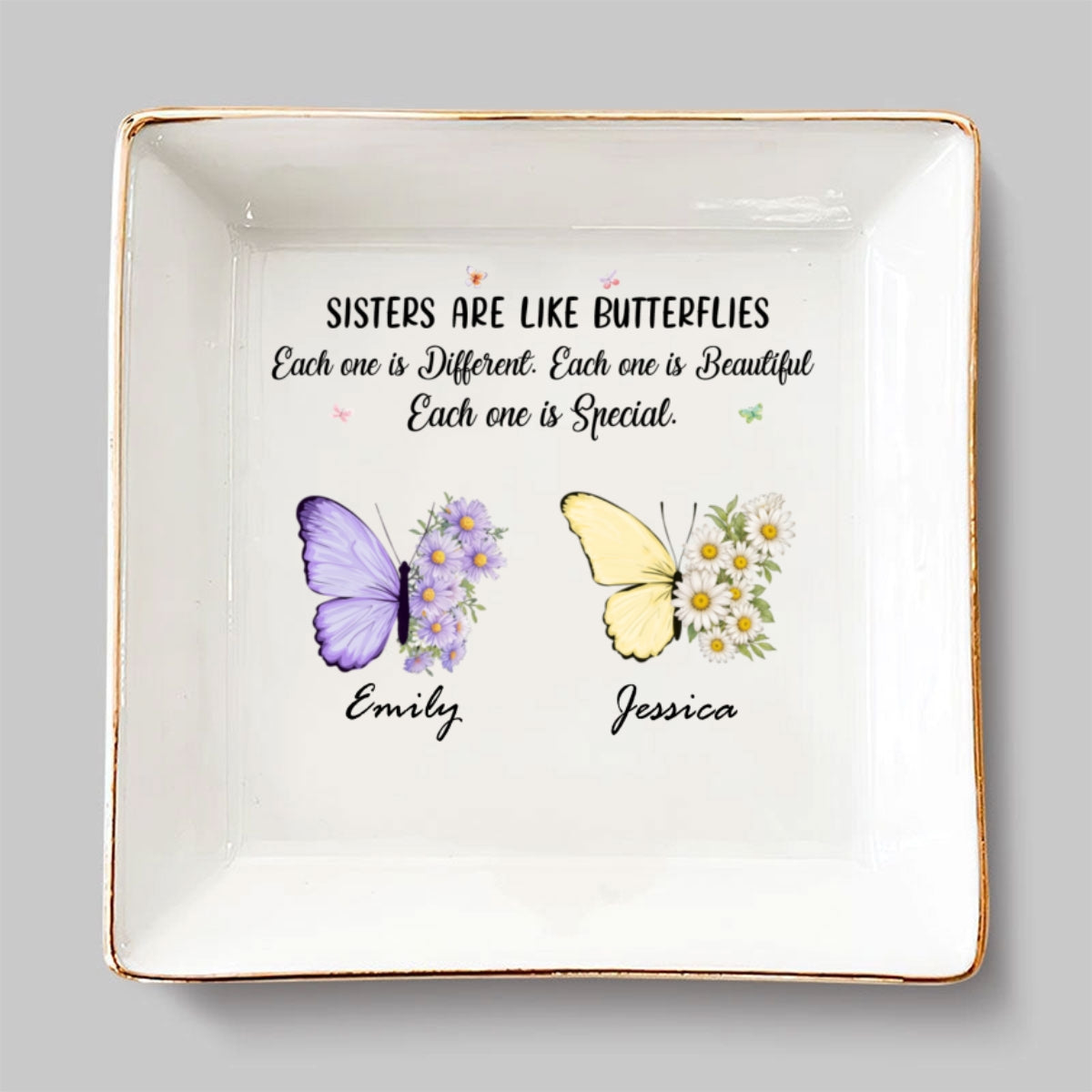 Custom Sister Trinket Dish, Birthday Christmas Gift for Sister • Butterflies Dance Sisters Shine - Personalized Jewelry Dish