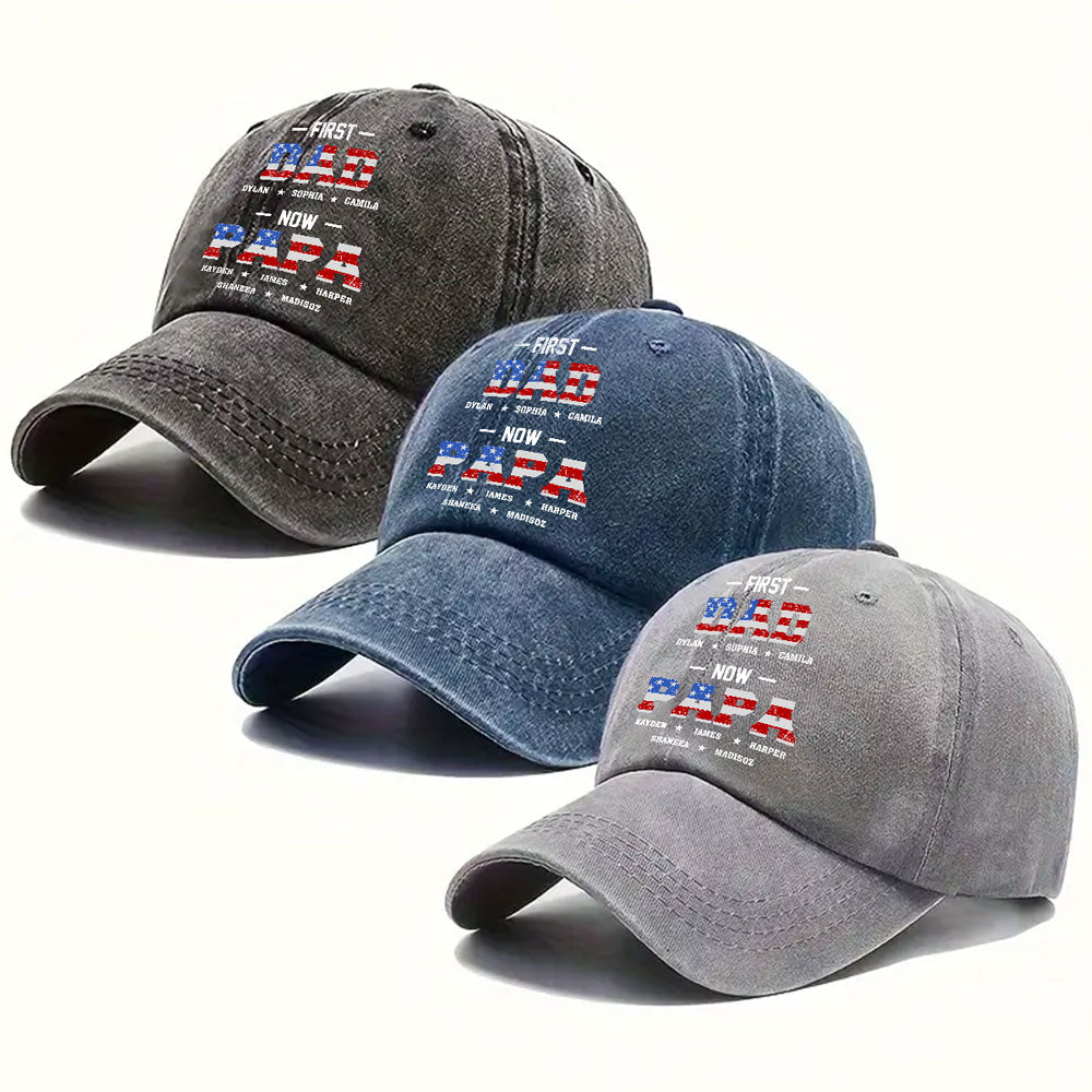 Custom Christmas Headwear Birthday Gifts for Grandpa • First Dad Now Papa - Personalized Vintage Washed Denim Cap