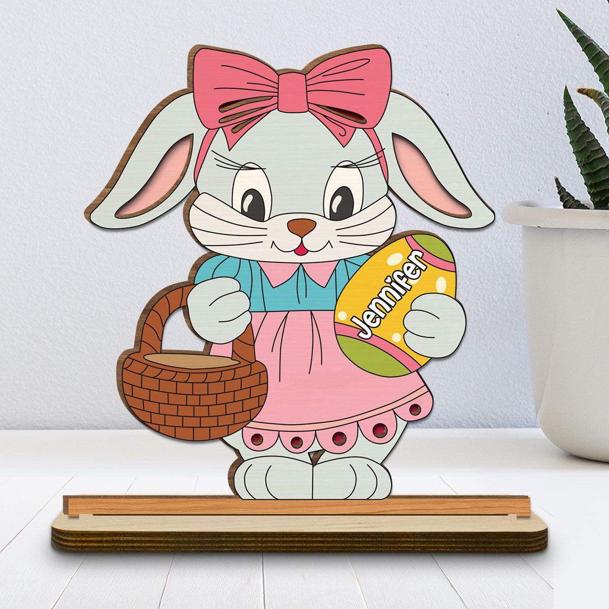 Custom Family Decor, Christmas Birthday Family Keepsake • Spring Bunny Surprise - Personalized 2-Layer Wood Plaque With Flat Base