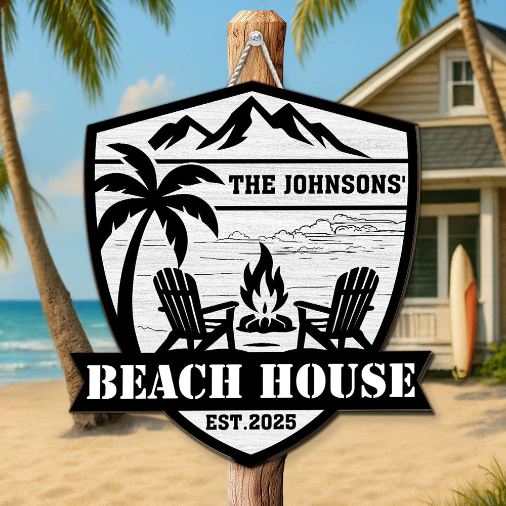 Custom Family Summer Backyard, Patio & Porch Decor • At The Beach House - Personalized Wood Sign