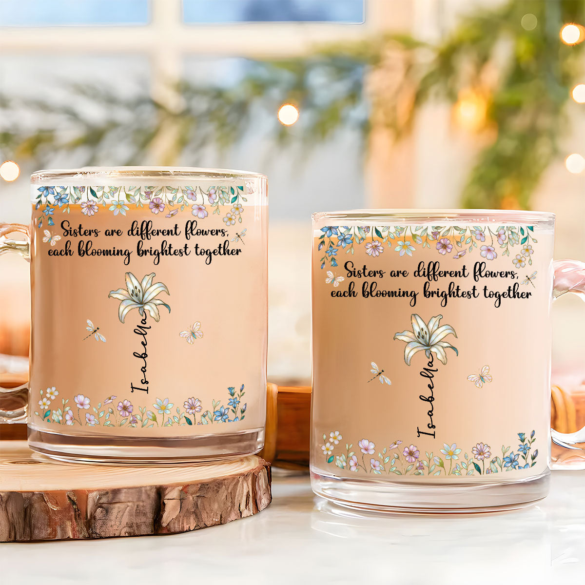 Custom Name & Birth Flower Birthday, Christmas Gift for Sister • Blooming Together - Personalized Glass Mug