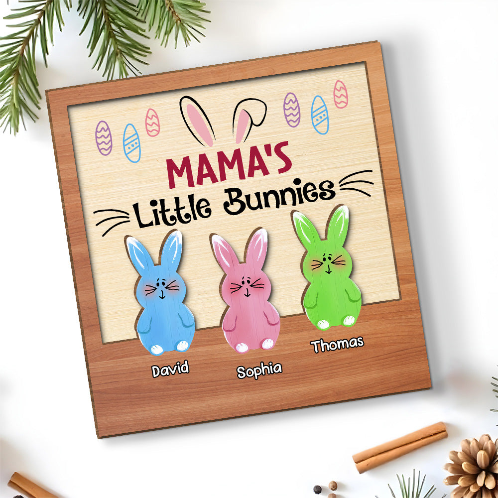 Custom Family Decor, Christmas Birthday Family Keepsake • Little Bunnies - Personalized 2-Layer Wood Plaque With Flat Base