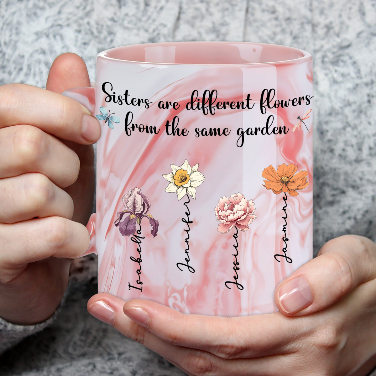 Custom Best Friend, Christmas & Birthday Friendship Keepsake Gift • Sisters Forever - Personalized Pink Marble Mug