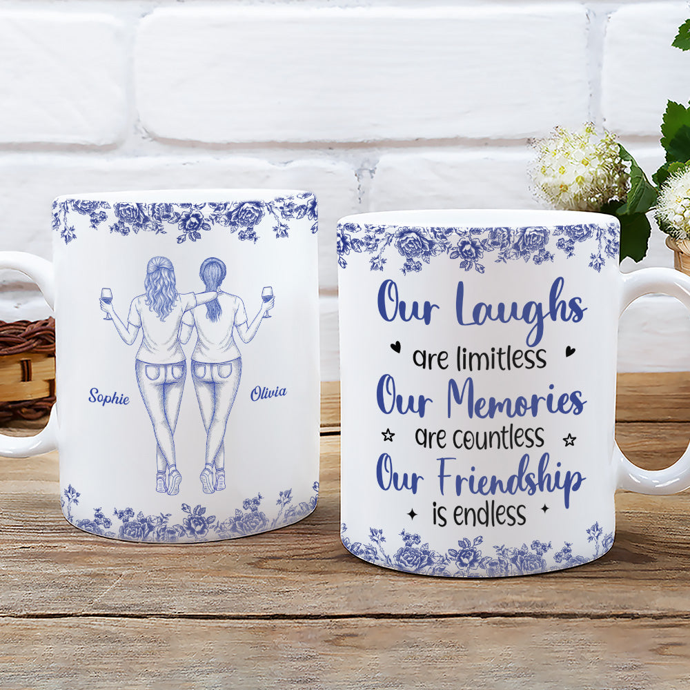 Custom Best Friend, Christmas & Birthday Friendship Keepsake Gift • Our Laughs Are Limitless Blue Toile Ver 2 - Personalized Coffee Mug