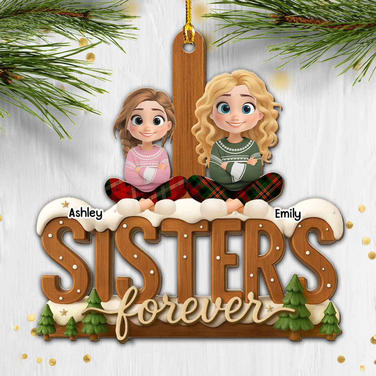 Custom Brothers & Sisters Christmas Ornament •  Connected by Heart Always - Personalized 3D Effect Wood Ornament