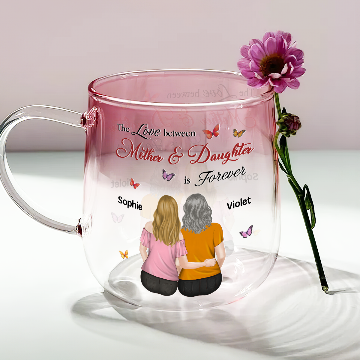 Custom Christmas & Birthday Gift for Mom • Mother And Daughter Love Forever - Personalized Pink Gradient Glass Mug