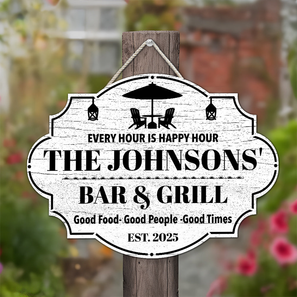 Custom Family Summer Backyard, Patio & Porch Decor • Happy Hour - Personalized Wood Sign