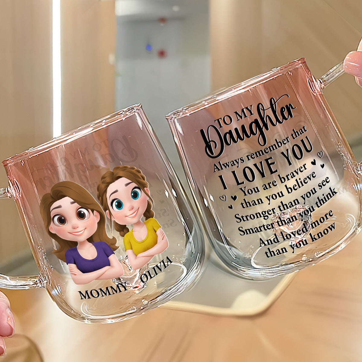 Custom Christmas & Birthday Gift for Daughter • Mom To Daughter Braver Stronger - Personalized Pink Gradient Glass Mug