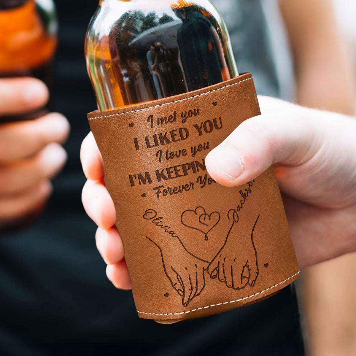Forever Yours - Personalized Engraved Leather Can Cooler Holder