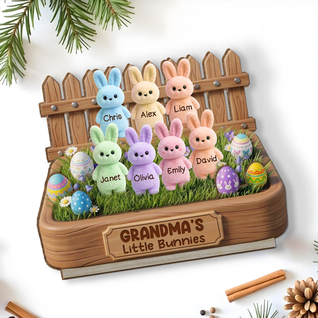 Custom Family Decor, Christmas Birthday Family Keepsake • Easter Grandma Little Bunnies - Personalized 2-Layer Wood Plaque With Flat Base