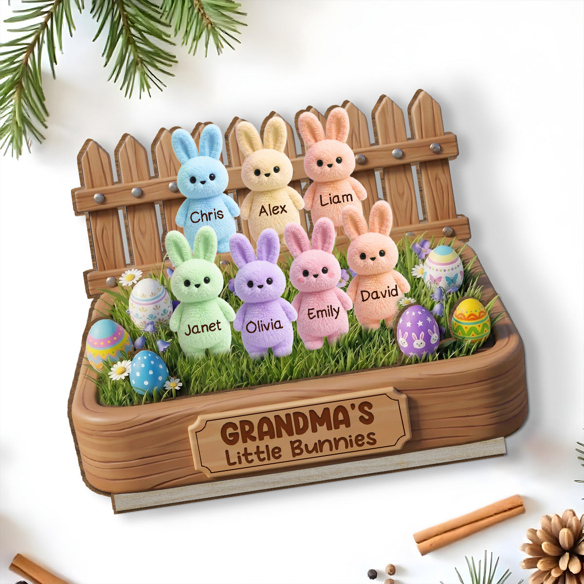 Custom Family Decor, Christmas Birthday Family Keepsake • Easter Grandma Little Bunnies - Personalized 2-Layer Wood Plaque With Flat Base