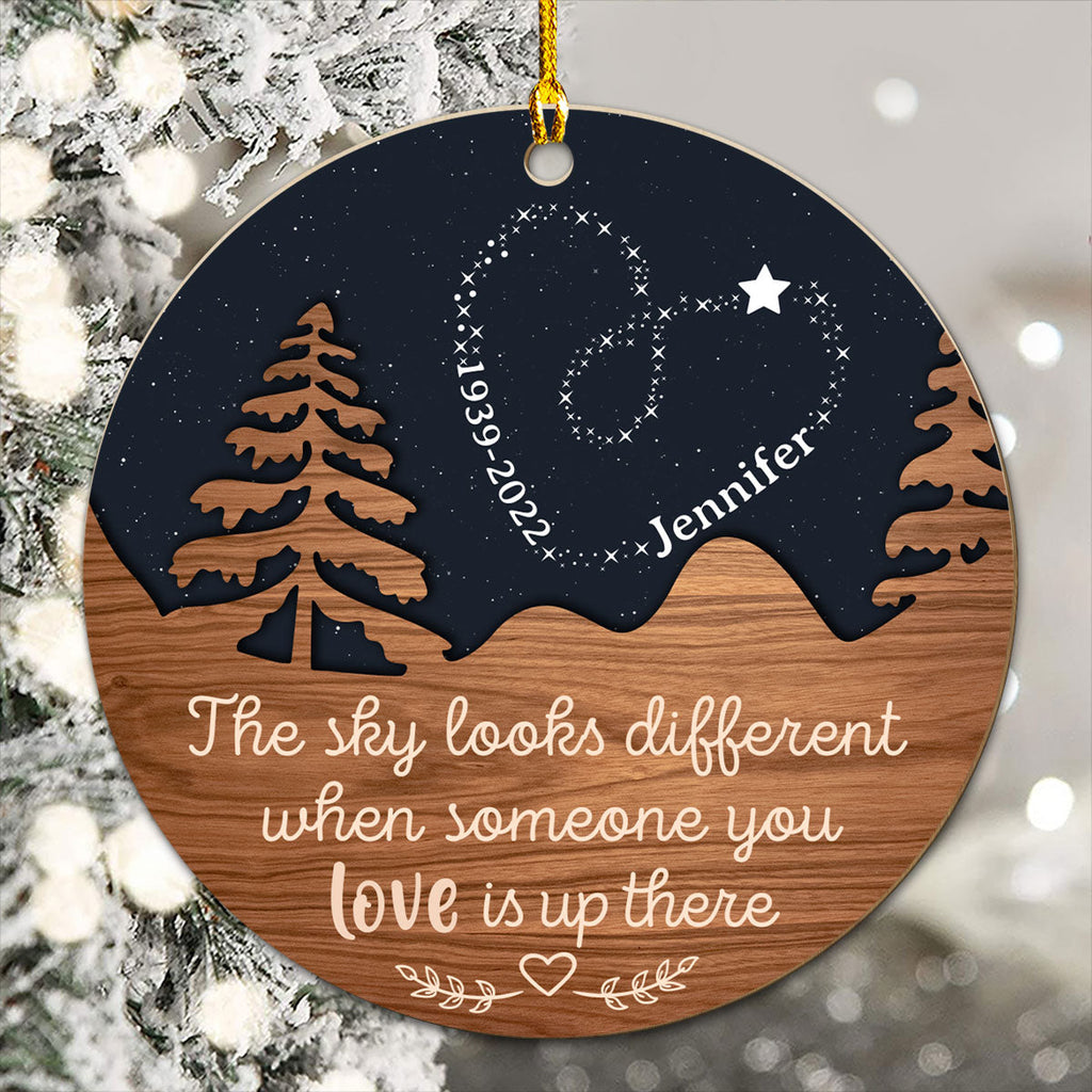 Custom Memorial Christmas Ornament, Sympathy Keepsake •  The Sky Looks Different Because It Has You - Personalized Wood Ornament