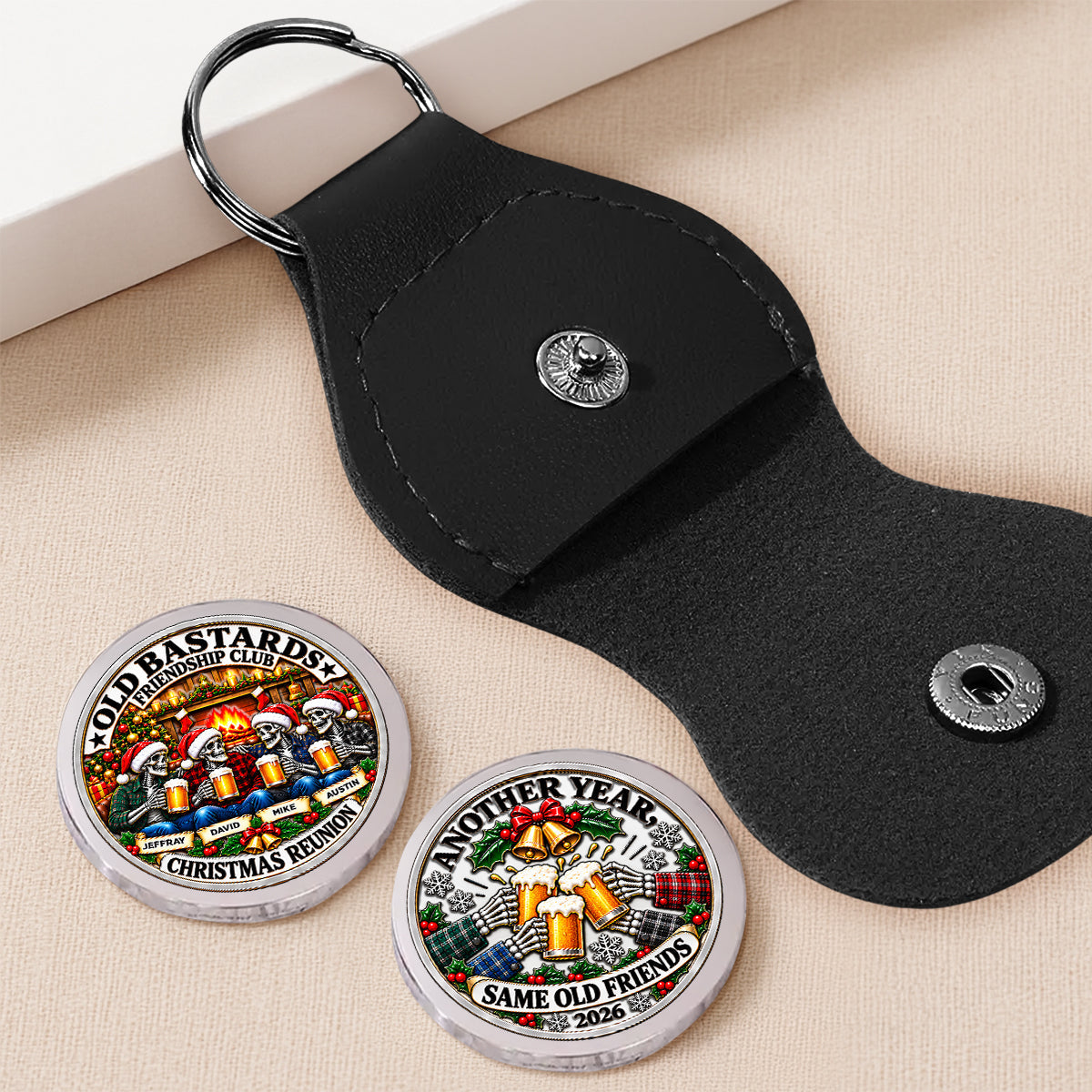 Custom Besties Coin Keychain, Friendship Birthday Gifts • Same Crew Same Christmas Chaos - Personalized 3D Printing Pocket Hug