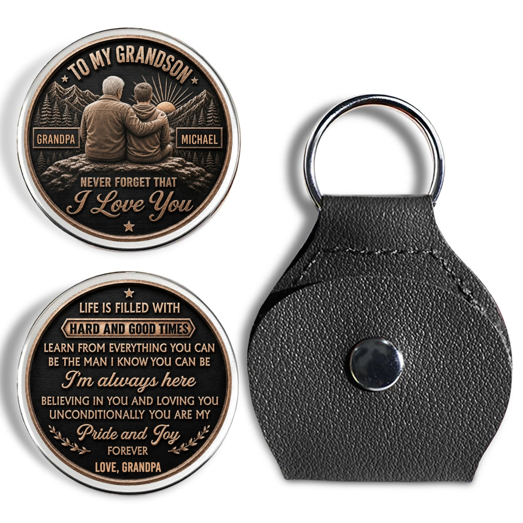 Custom Coin Keychain For Grandson Nephew, Family Keepsake • Grandpa Will Always Stand Beside - Personalized 3D Printing Pocket Hug