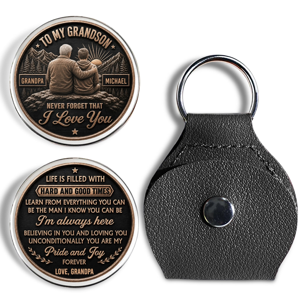 Custom Coin Keychain For Grandson Nephew, Family Keepsake • Grandpa Will Always Stand Beside - Personalized 3D Printing Pocket Hug