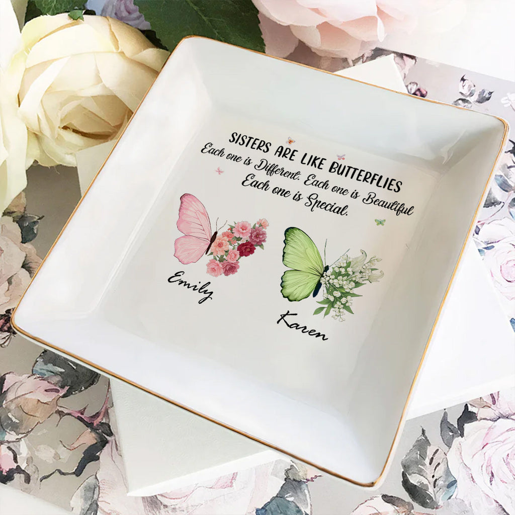 Custom Sister Trinket Dish, Birthday Christmas Gift for Sister • Butterflies Dance Sisters Shine - Personalized Jewelry Dish