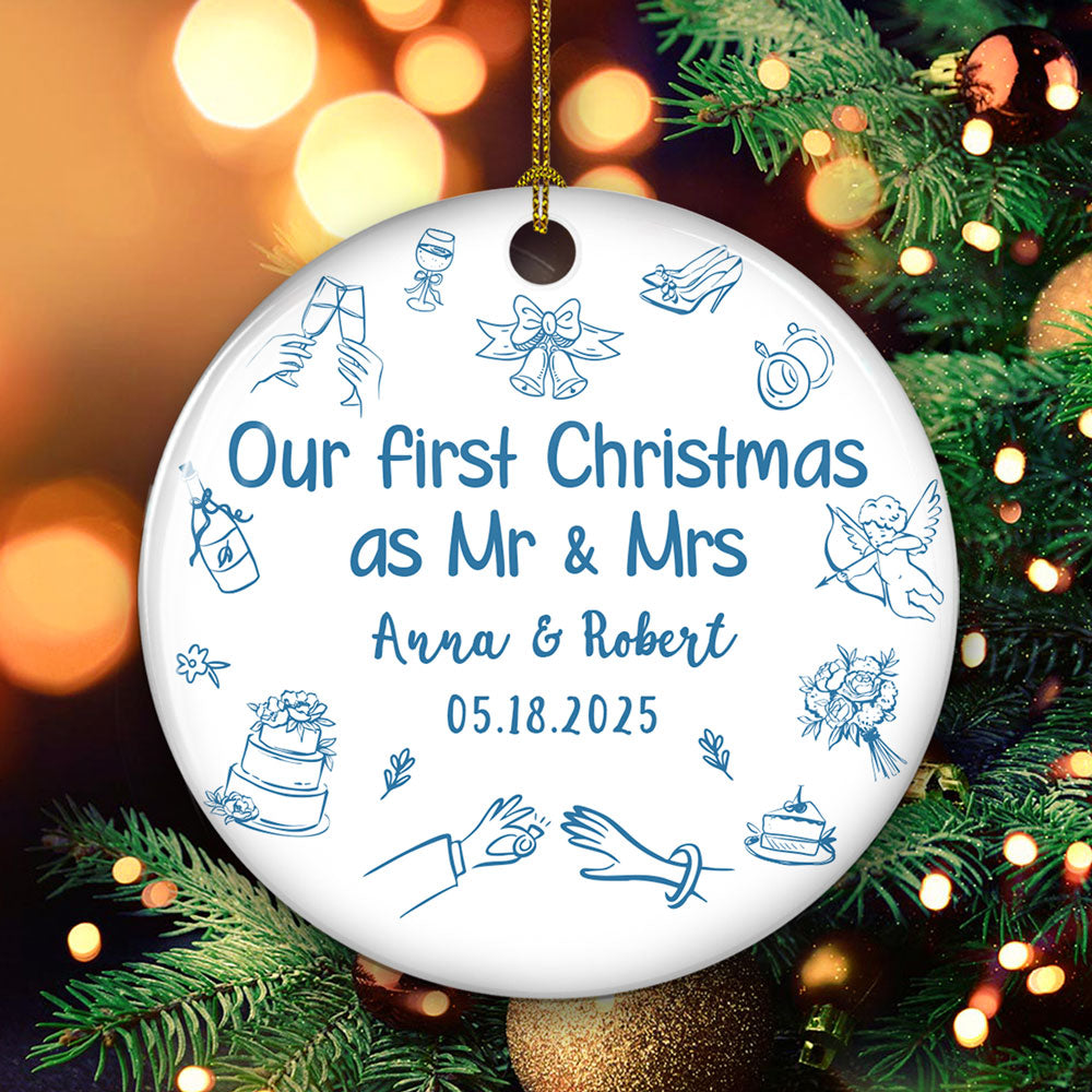 Custom First Christmas Ornament Married, Gift for Newlyweds •  Something Blue - Personalized Ceramic Ornament