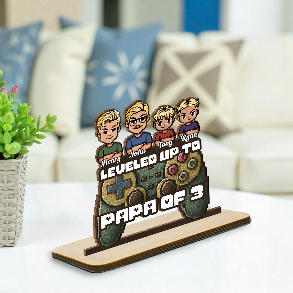 Custom Decor for Husband, Gift for Him • Leveled Up To Dad - Personalized 2-Layer Wood Plaque With Flat Base
