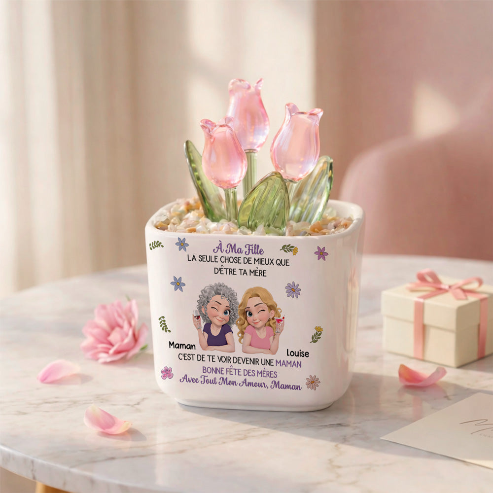 Custom Mother's Day Flower Keepsake, Glass Home Decor Gift for Daughter • Liés Ensemble Dessin Animé - Tulipes Éternelles Personnalisées En Verre
