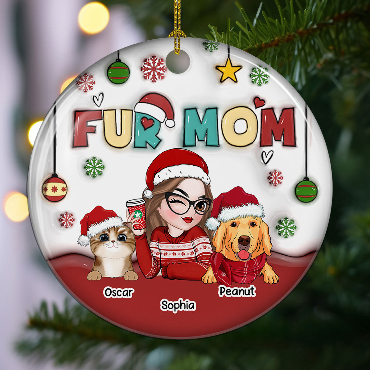 Custom Keepsake Christmas Ornament •  Mom Of Pets- Personalized 3D Inflated Effect Ceramic Ornament