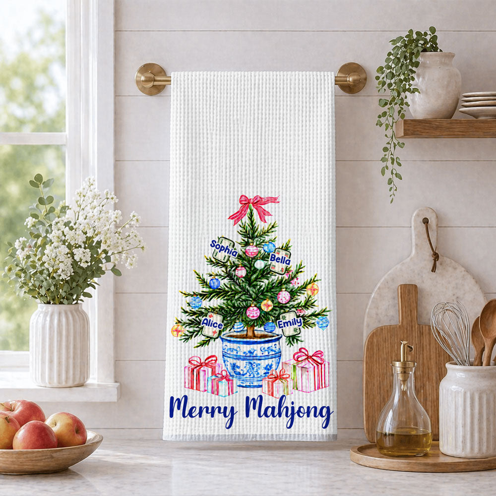 Custom Best Friend Kitchen Towel With Names, Birthday Christmas Gift For Friend Bestie • Merry Mahjong - Personalized Kitchen Towel
