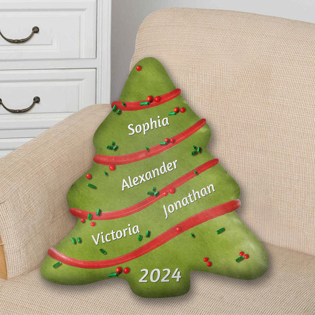 Custom Name Kids Christmas Tree Pillow, Family Keepsake From Parents • Soft Christmas Tree Cake - Personalized Shaped Pillow