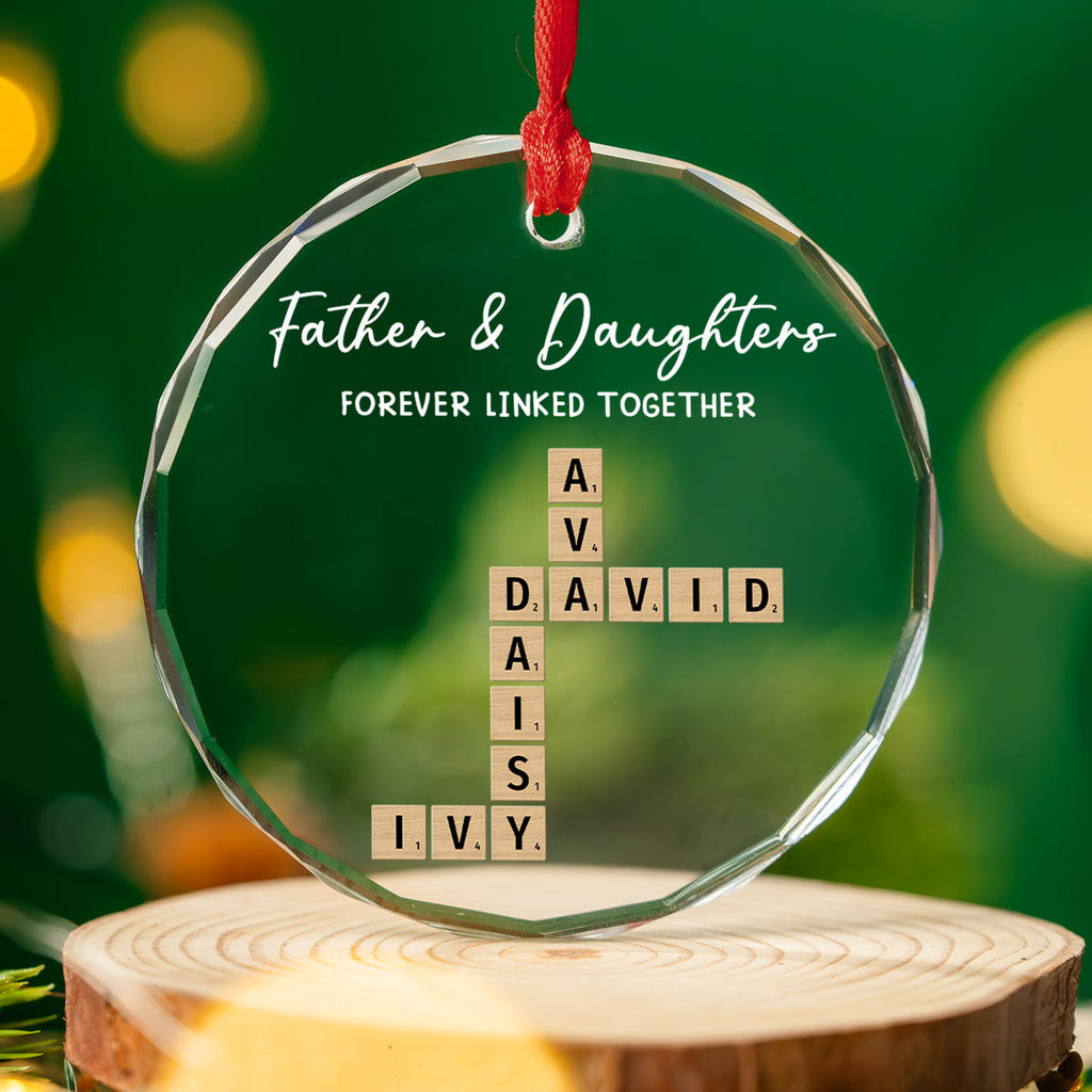 Custom Family Ornament, Christmas Gift for Family Members •  Father With Daughters Linked By Love - Personalized Glass Ornament