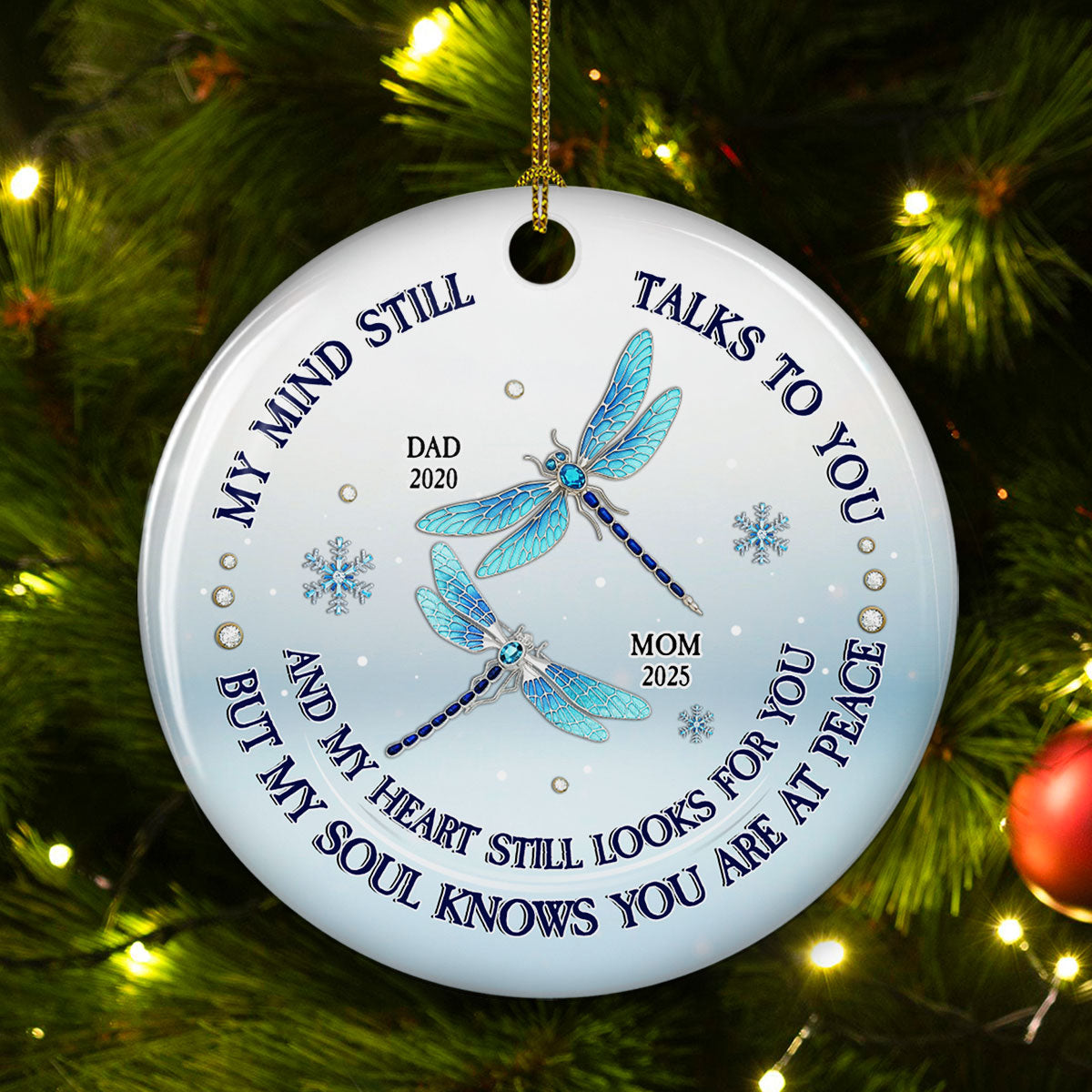 Custom Memorial Christmas Ornament, Sympathy Keepsake •  My Mind My Heart My Soul Blue Crystal - Personalized Ceramic Ornament