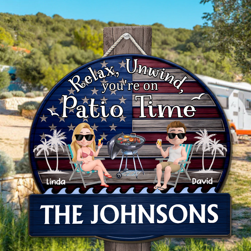 Custom Family Patriotic Hanging Decor, 4th of July • It Is Patio Time America - Personalized Wood Sign