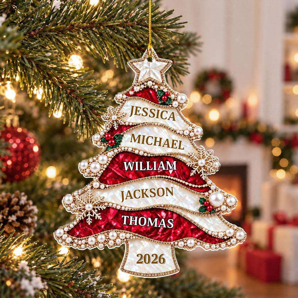 Custom Family Ornament, Christmas Gift for Family Members •  Golden Pearl Christmas Tree - Personalized 3D Effect Acrylic Ornament