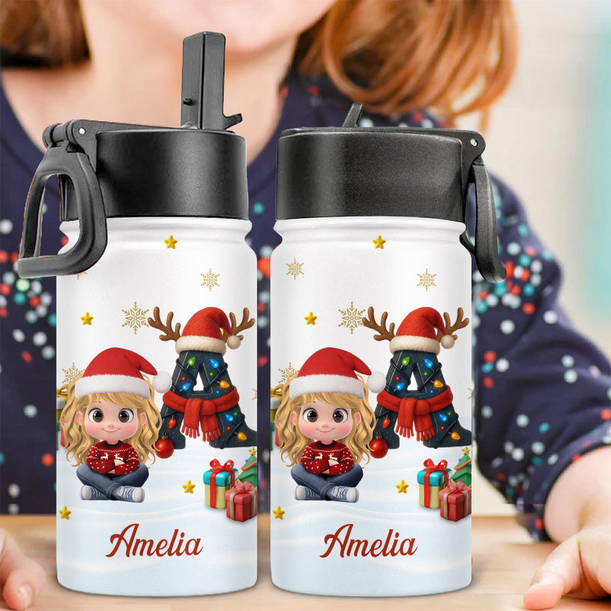 Kid Name Christmas Alphabet - Personalized Kids Water Bottle