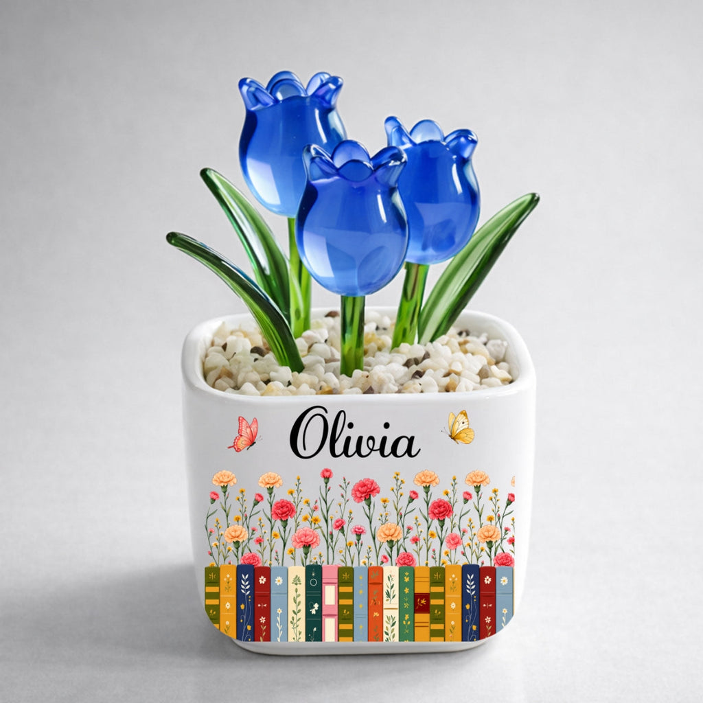 Custom Christmas Birthday Home Decor Gift For Book Lovers, Bookworms • Love Grows Between Pages - Personalized Glass Everlasting Tulips