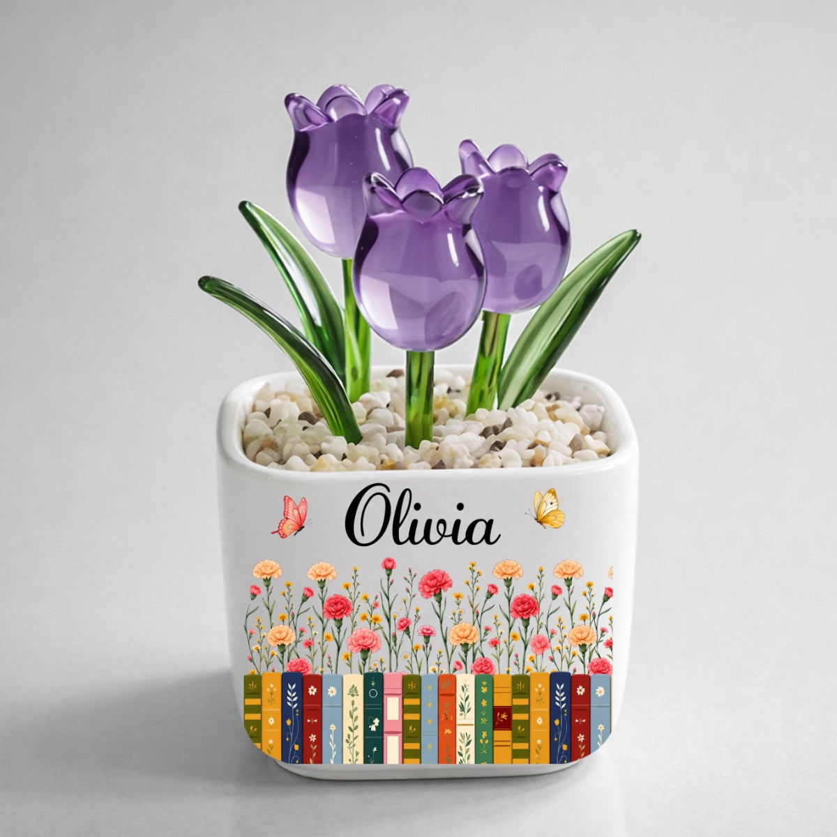 Custom Christmas Birthday Home Decor Gift For Book Lovers, Bookworms • Love Grows Between Pages - Personalized Glass Everlasting Tulips
