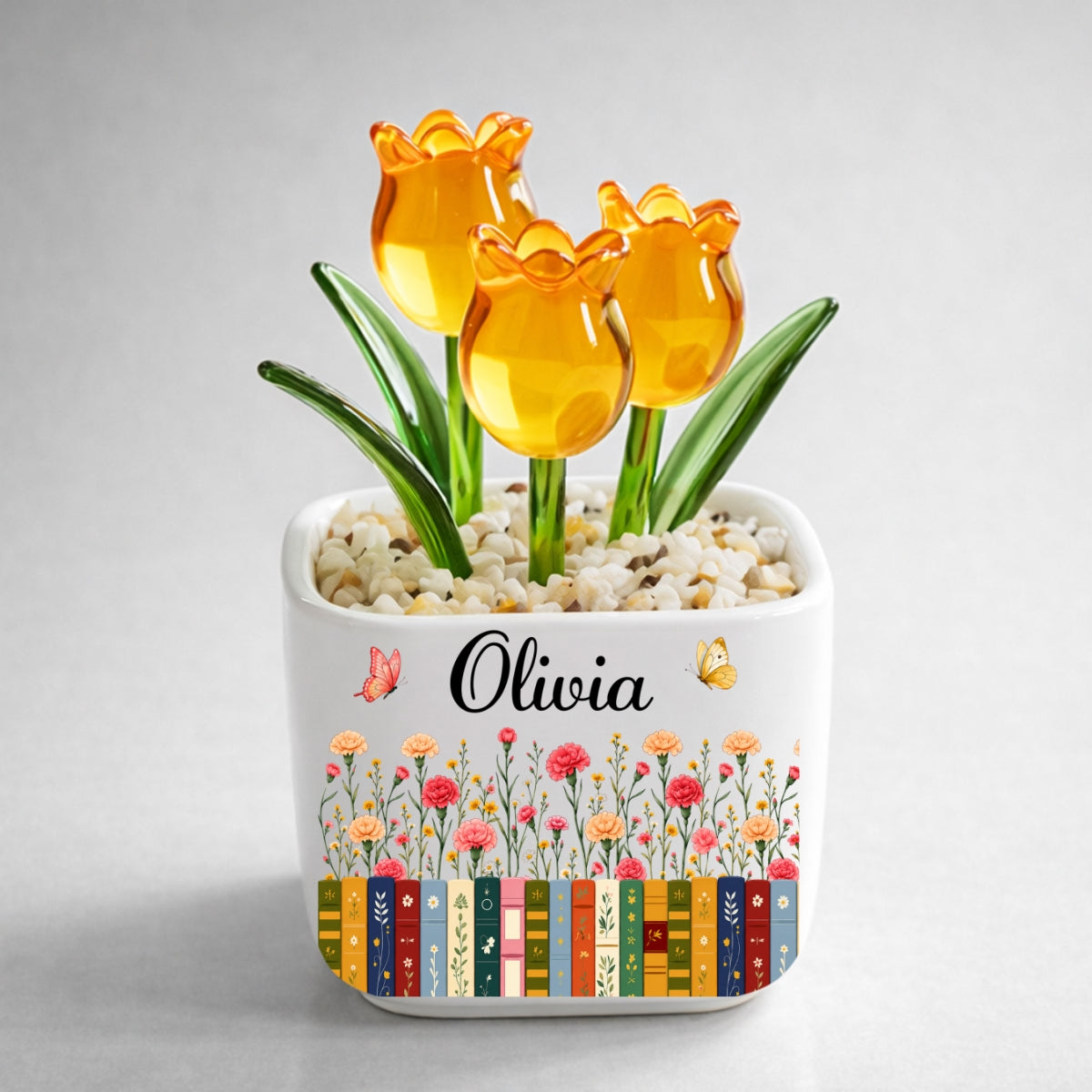 Custom Christmas Birthday Home Decor Gift For Book Lovers, Bookworms • Love Grows Between Pages - Personalized Glass Everlasting Tulips