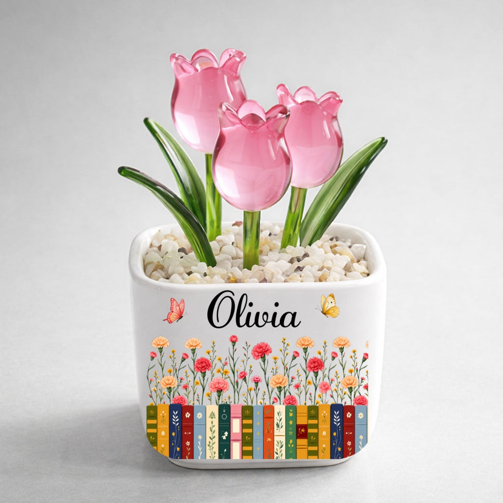 Custom Christmas Birthday Home Decor Gift For Book Lovers, Bookworms • Love Grows Between Pages - Personalized Glass Everlasting Tulips