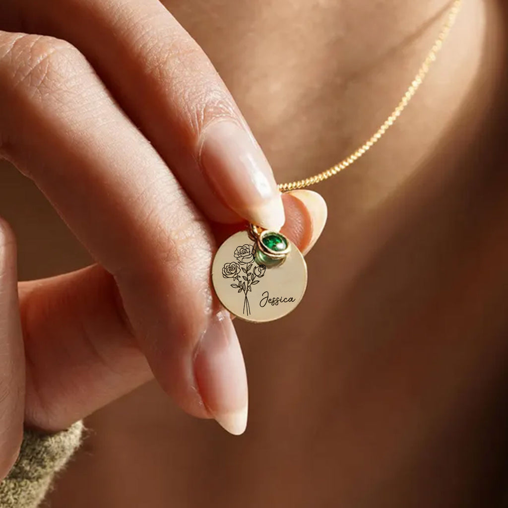 Birth Month Flower - Personalized Birthstone Necklace