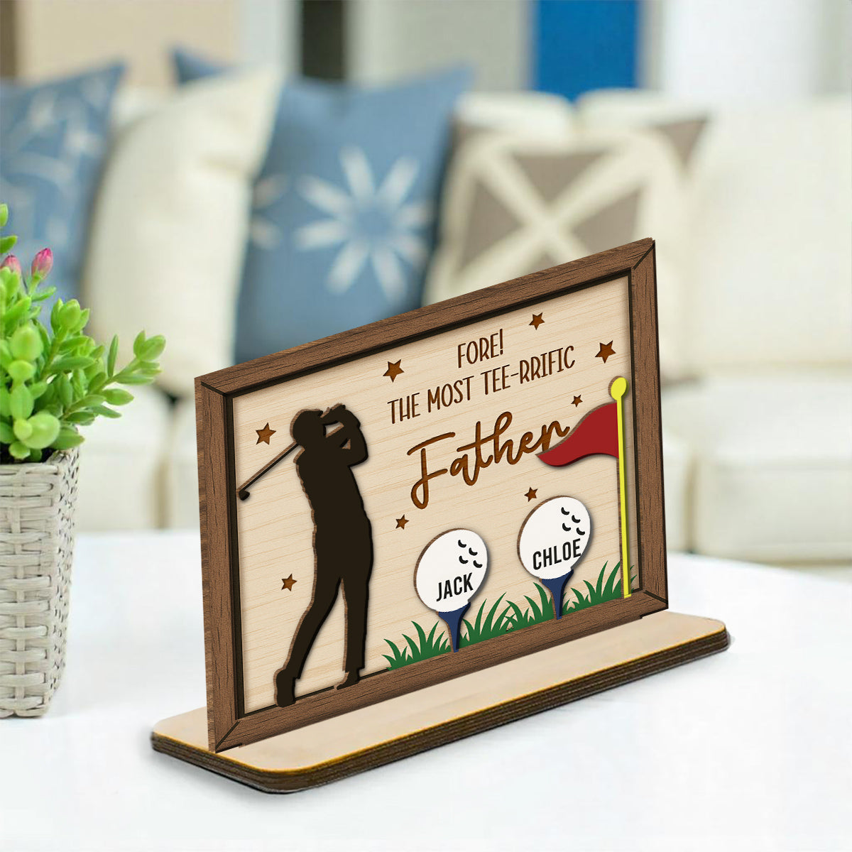 Custom Decor for Husband, Gift for Him • Best Dad On The Green - Personalized 2-Layer Wood Plaque With Flat Base