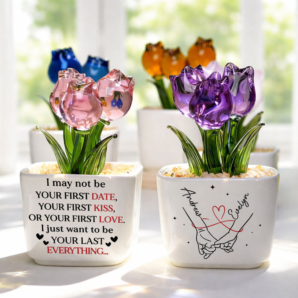 Custom Glass Flower Keepsake, Romantic Anniversary Gift for Wife • Your Last Everything - Personalized Glass Everlasting Tulips