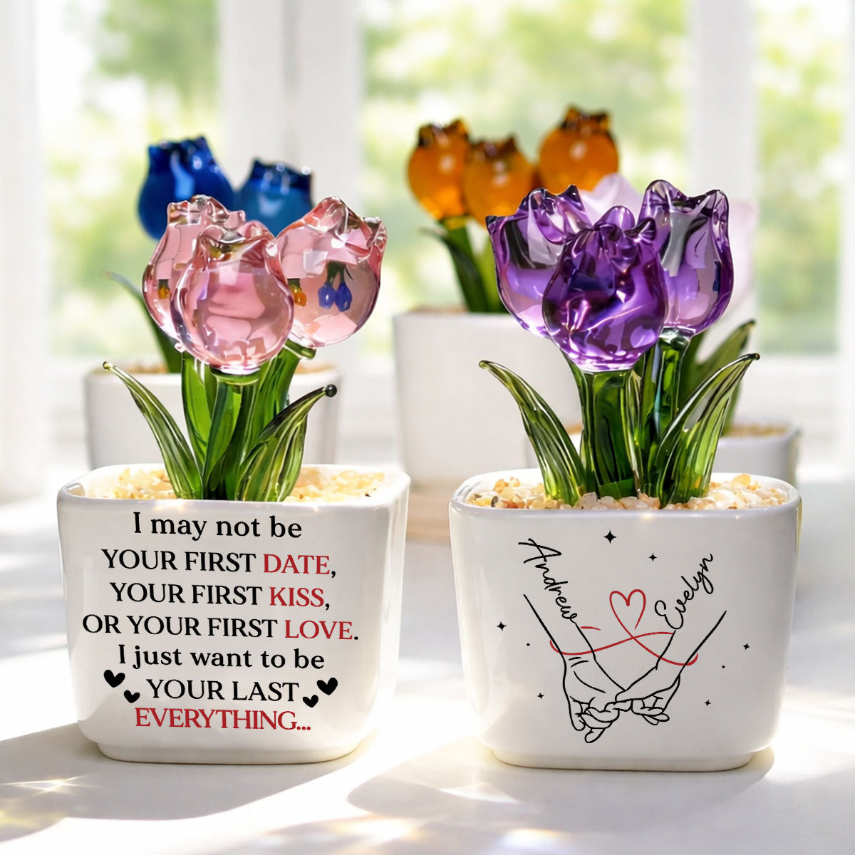 Custom Glass Flower Keepsake, Romantic Anniversary Gift for Wife • Your Last Everything - Personalized Glass Everlasting Tulips