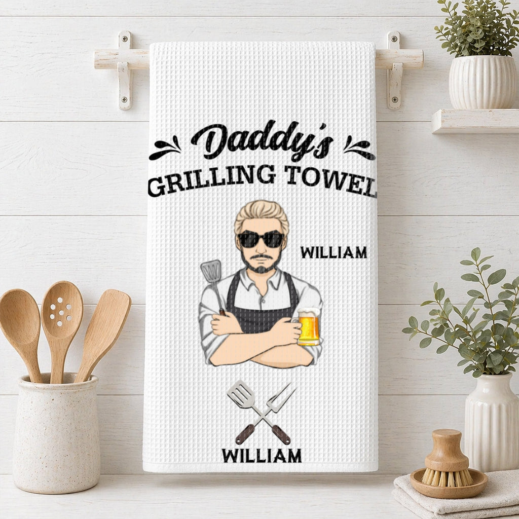 Custom Grilling BBQ Kitchen Towel, Father's Day Birthday Gift For Dad Father • Daddy Is Grilling So We Better Step Back - Personalized Kitchen Towel