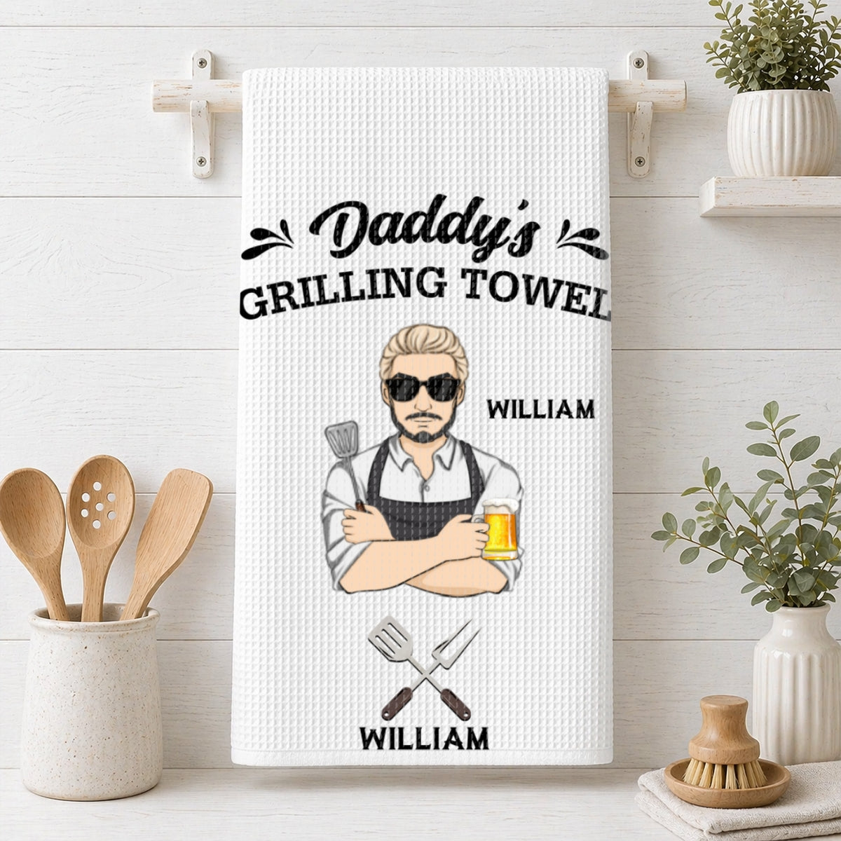 Custom Grilling BBQ Kitchen Towel, Father's Day Birthday Gift For Dad Father • Daddy Is Grilling So We Better Step Back - Personalized Kitchen Towel