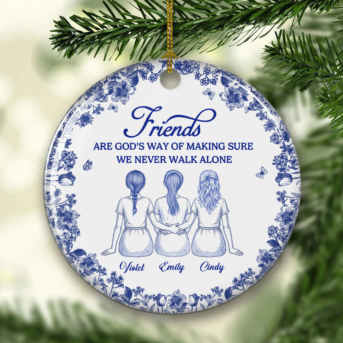 Custom Keepsake Christmas Ornament •  Never Walk Alone Blue Toile - Personalized Ceramic Ornament