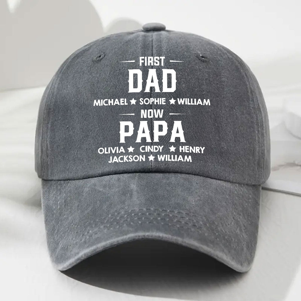 First Dad Now Grandpa - Personalized Vintage Washed Denim Cap