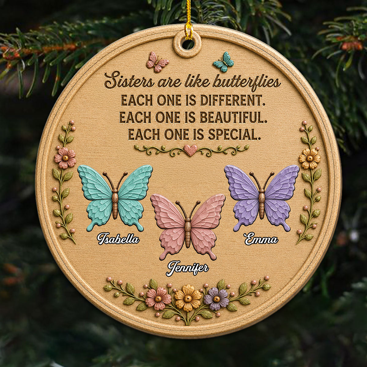 Custom Friendship Christmas Ornament, Best Friend Gift •  Sisters Are Like Butterflies - Personalized Wood Ornament