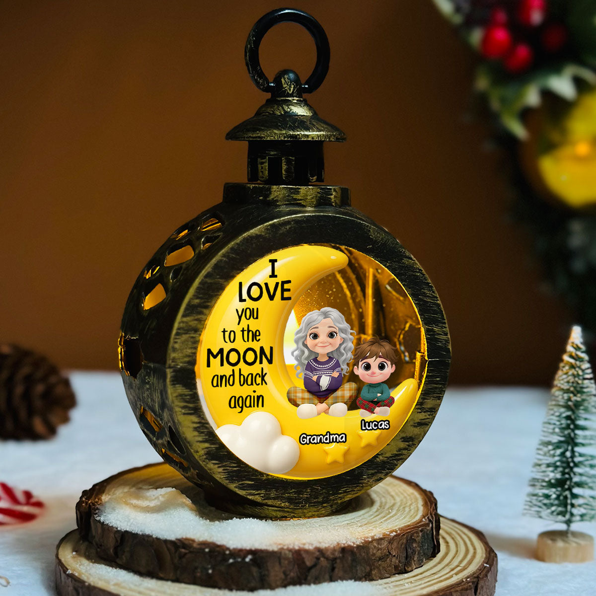 Custom Christmas Gifts for Grandma, Holiday Decor • Grandma And Grandkid On The Moon - Personalized Christmas Lantern