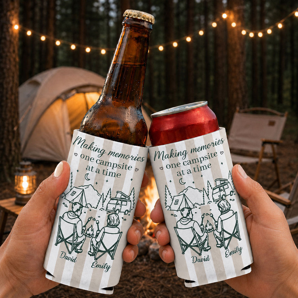 Custom Couple Skinny Can Cooler, Summer Anniversary Gift for Husband Wife, Camping Lovers • Camping Together - Personalized Skinny Can Cooler