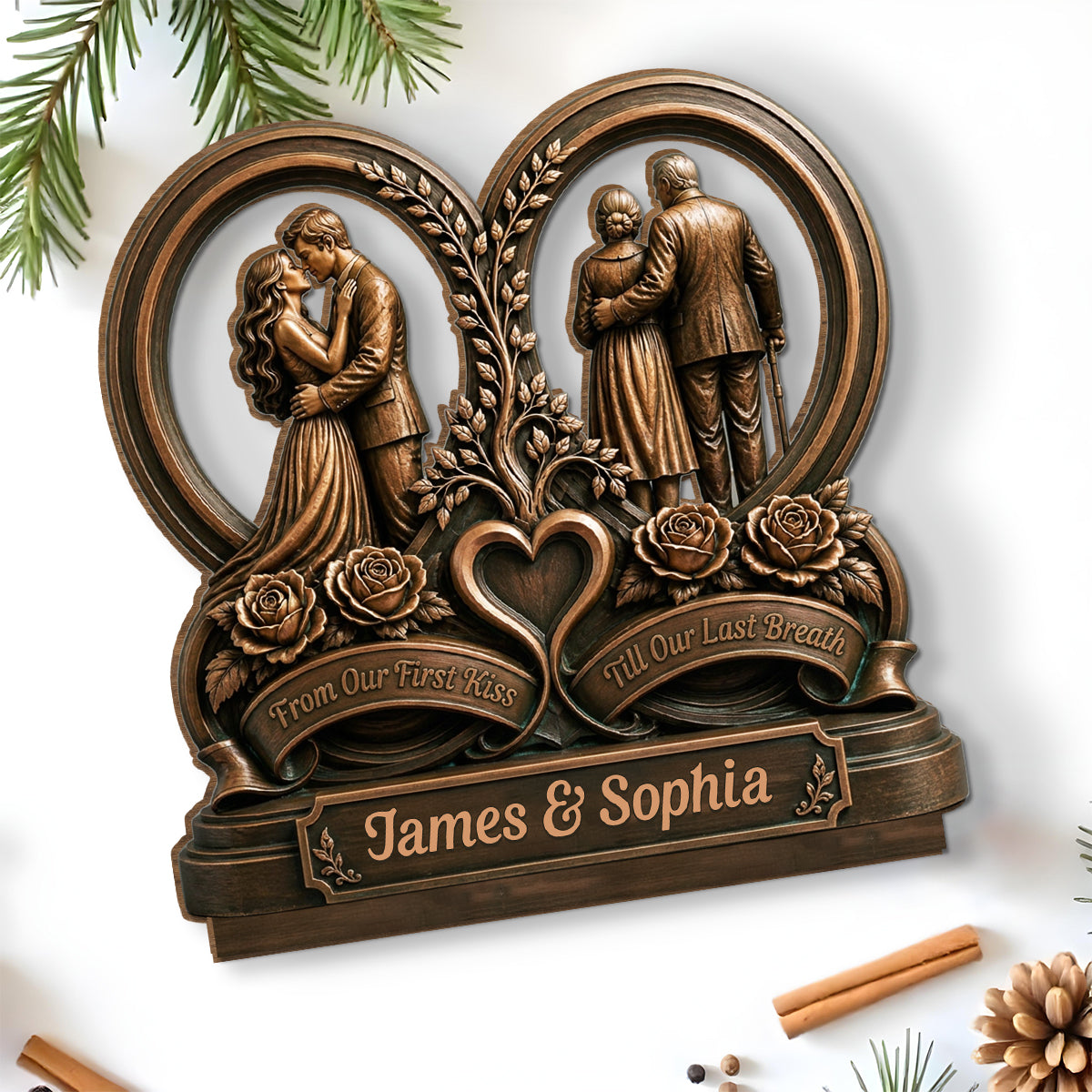 Custom Couple's Decor, Anniversary & Wedding Gift • Love You Then Love You Now - Personalized 2-Layer Wood Plaque With Flat Base