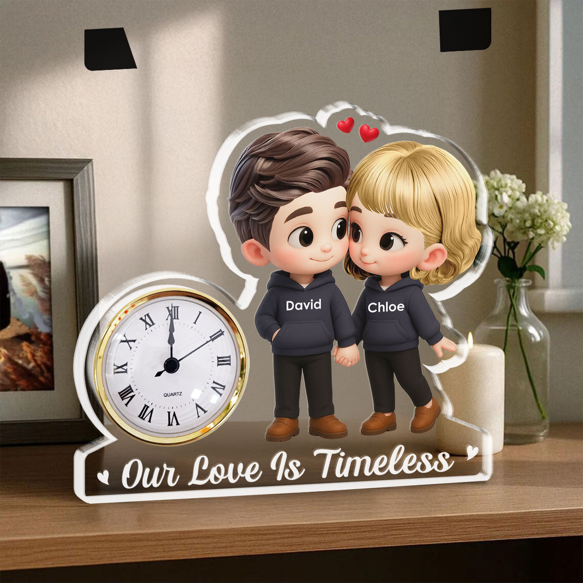 Custom Couple's Decor, Anniversary & Wedding Gift • Cartoon Couple Holding Hands - Personalized Acrylic Desk Clock Plaque